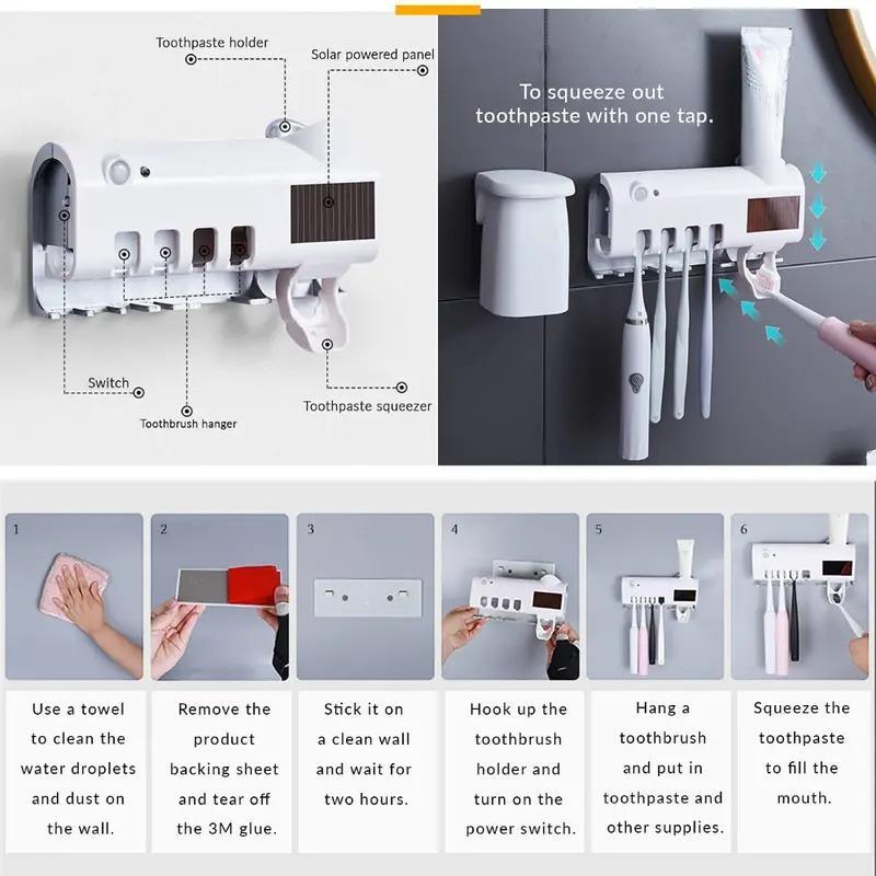 Wall Mounted Toothbrush Holder, 1 Count Intelligent Toothpaste Dispenser, Bathroom Accessory, Toothbrush Cleaning Rack, Toothbrush Dispenser