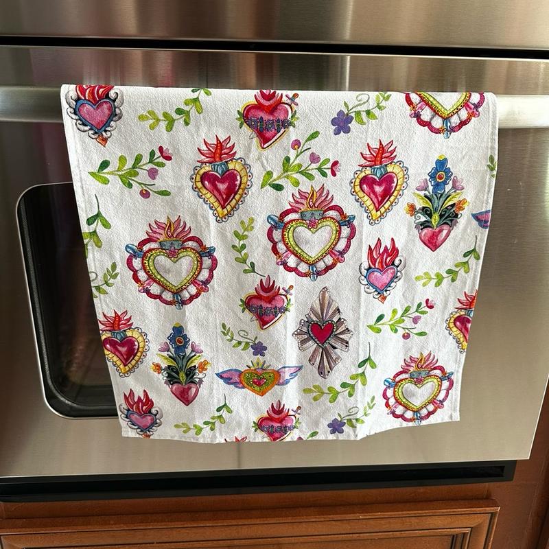 Milagritos Set of 2 Sacred Hearts Kitchen Towels. Hand kitchen towels for kitchen decor. Mexican home decor. Latin decor.