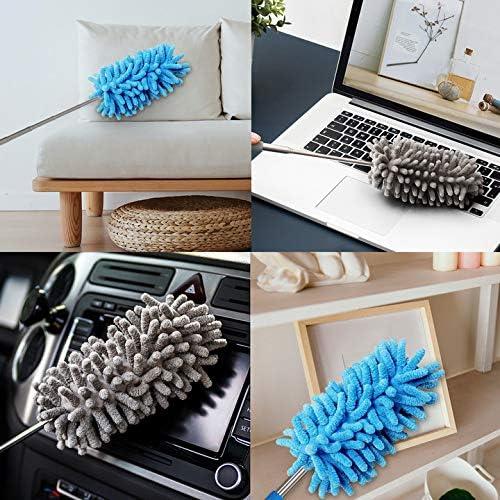 Microfiber Duster for Cleaning, Dusters with Telescoping Extension Pole, Extendable Washable Mini Dusters for Cleaning Supplies Car, Window, Furniture, Office (Blue and Grey)