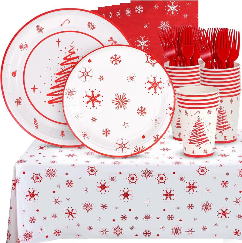 Christmas Party Supplies, Merry Christmas Plates and Napkins, Christmas Disposable Plates, 12oz Cups, Napkins and Cutlery for Birthday,  Shower, Xmas, Christmas Themed Parties Serves 24