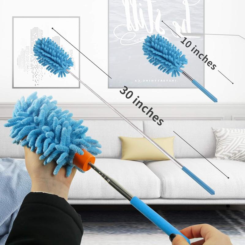 Microfiber Duster for Cleaning, Dusters with Telescoping Extension Pole, Extendable Washable Mini Dusters for Cleaning Supplies Car, Window, Furniture, Office (Blue and Grey)