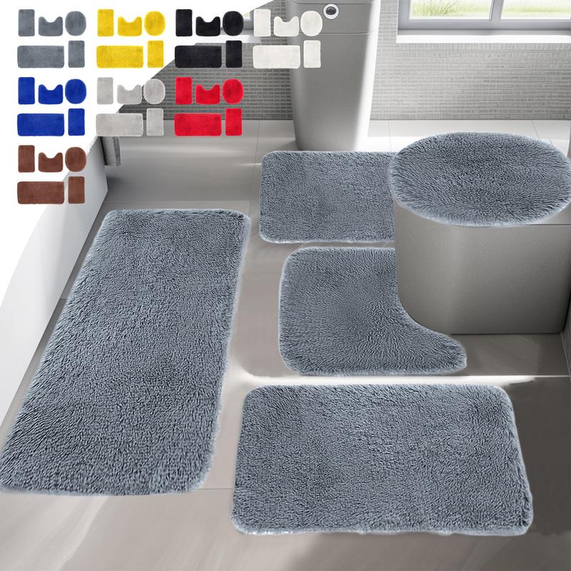 Bathroom Rug Set 5 Pieces Ultra Soft, Non Slip Chenille Bath Carpet, Absorbent Universal Soft Long Plush Shaggy Bath Mats for Bathroom, Toilet, Bedroom, Kitchen Machine Washable Easy To Dry Christmas Clearance Sale