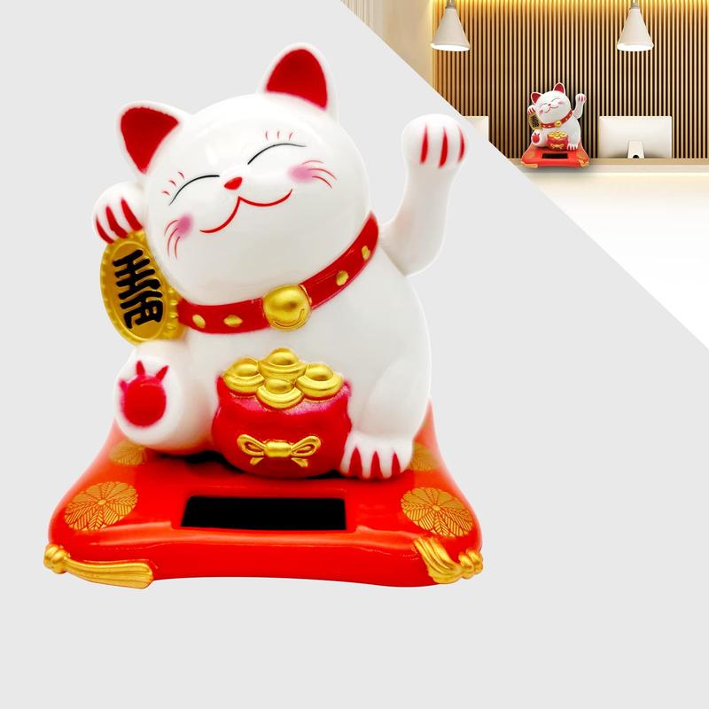 Lucky Cat Waving Arm Set, Vivid and Lovely Chinese Cat, Solar Fortune Cat Statue Decorations for Decorating Front Desk, Car, Business Openings, 2.95IN, White, 1PCS