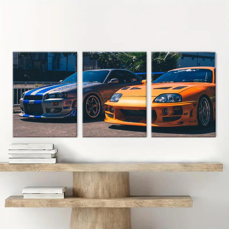 Car Patterned Canvas Painting with Wooden Frame, 3 Counts set Modern Art Wall Decor, Wall Art for Home Living Room Bedroom Office, Room Decor, Christmas 2024 Ornament, Christmas Gift Ideas, Stocking Stuffers