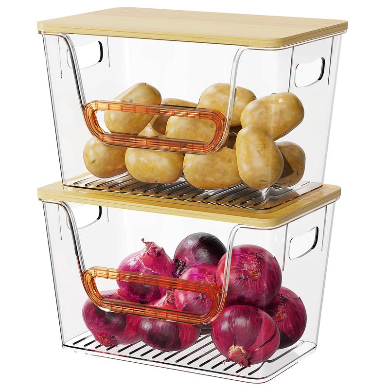 Oylik 2 Set Pantry Organizers and Storage,Potato Onion Storage Bin,Open Front More Easy Access Clear Storage with Bamboo Top ,Stackable Storage Fruit Vegetable Basket for Kitchen Counter Storage