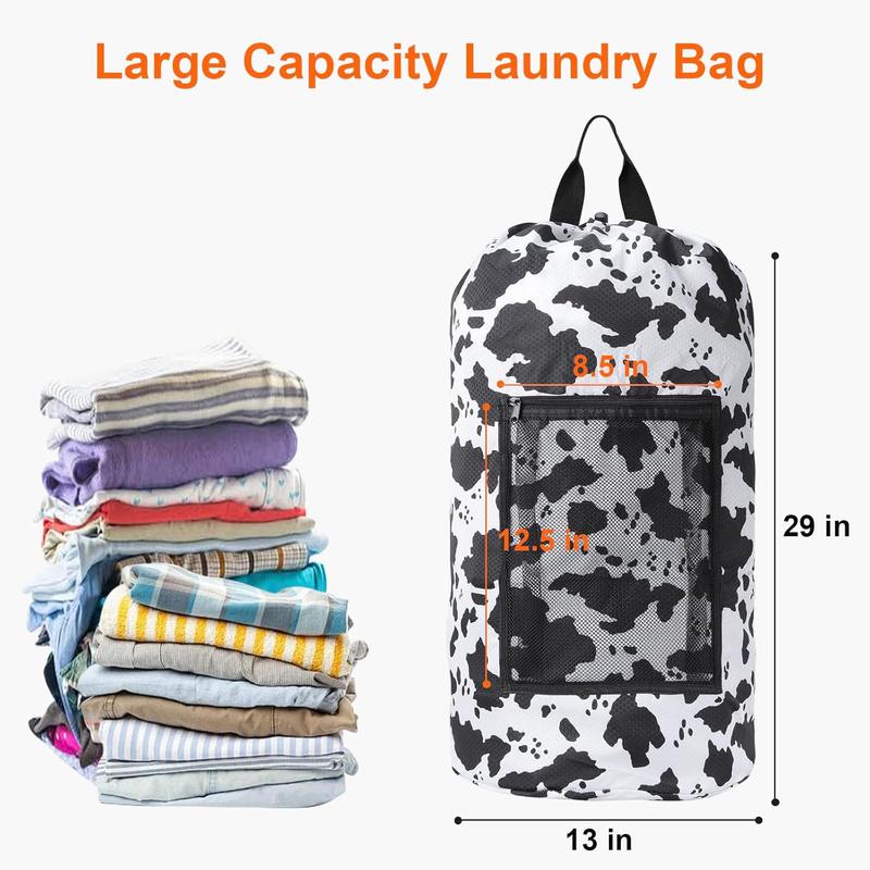 Laundry Bag Backpack Durable Laundry Bag with  Straps and Mesh Pockets Portable Laundry Dirty Clothes Hamper Bag for College Dorm (Cow Print)