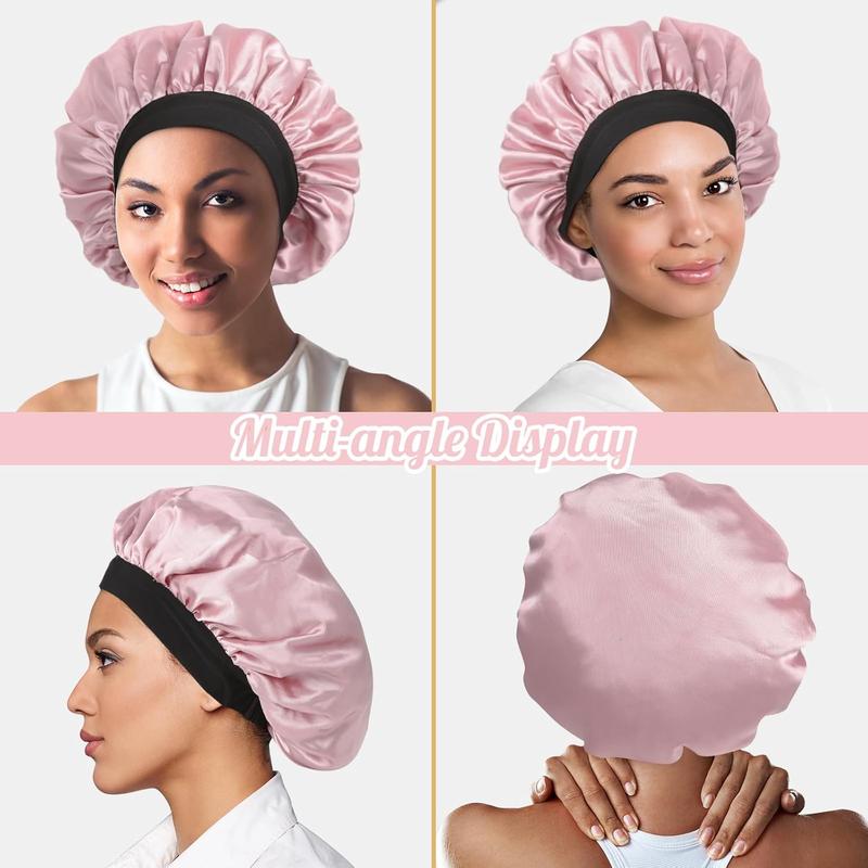 Bonnet, Adjustable Silk Satin Sleep Cap Hair Wrap for Women Men with Scrunchies Double Layer Lined Bonnets for Curly Braid Hair (Pink)