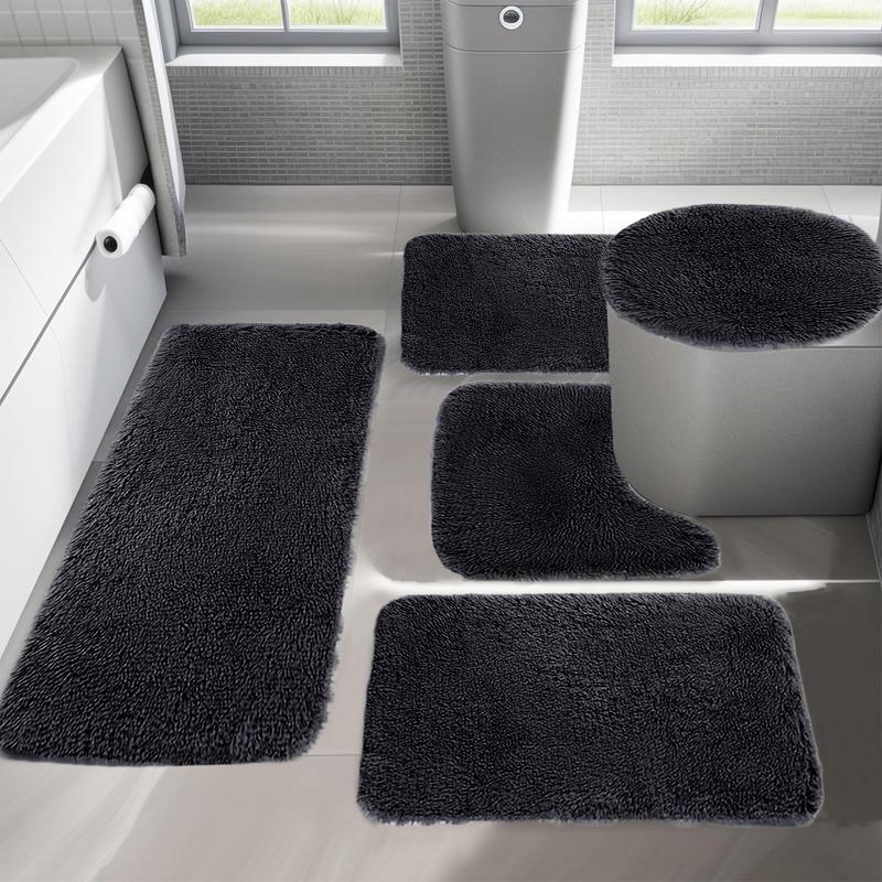 Bathroom Rug Set 5 Pieces Ultra Soft, Non Slip Chenille Bath Carpet, Absorbent Universal Soft Long Plush Shaggy Bath Mats for Bathroom, Toilet, Bedroom, Kitchen Machine Washable Easy To Dry Christmas Clearance Sale