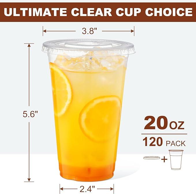 120 Sets - 16 20 oz Clear Plastic Cups with Lids, Disposable Cups With Straw Slot Lids for Cold Drinks, Milkshake, Smoothie, Iced Coffee