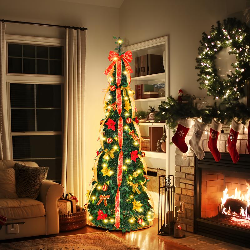 6ft Pre-Decorated Pop Up Christmas Tree Pre-lit 150 LED 8 Modes Christmas Tree Collapsible Christmas Tree Warm White Light for Christmas Holiday Decoration