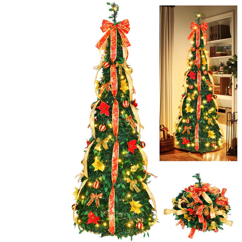 6ft Pre-Decorated Pop Up Christmas Tree Pre-lit 150 LED 8 Modes Christmas Tree Collapsible Christmas Tree Warm White Light for Christmas Holiday Decoration