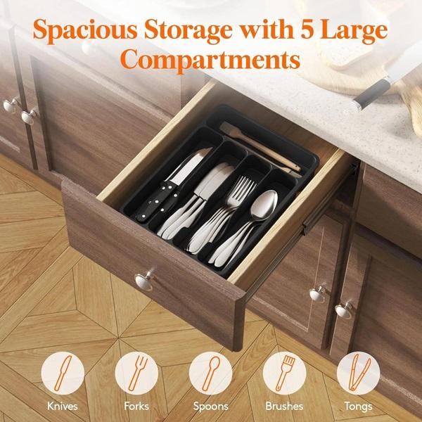 Plastic Cutlery Storage for Kitchen Drawer - Silverware Drawer Organizer Tray - 5 Compartment - Black