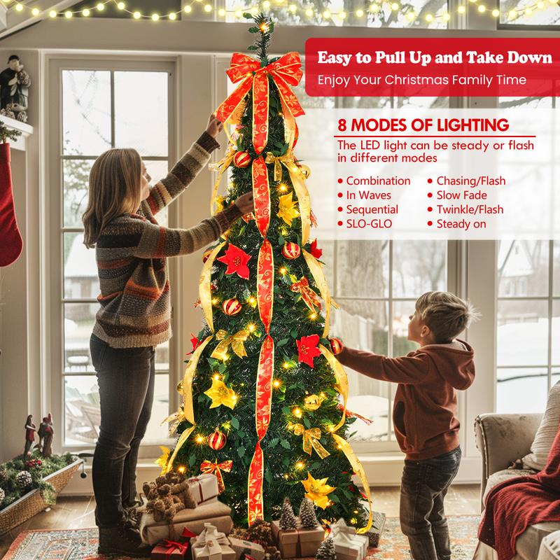 6ft Pre-Decorated Pop Up Christmas Tree Pre-lit 150 LED 8 Modes Christmas Tree Collapsible Christmas Tree Warm White Light for Christmas Holiday Decoration