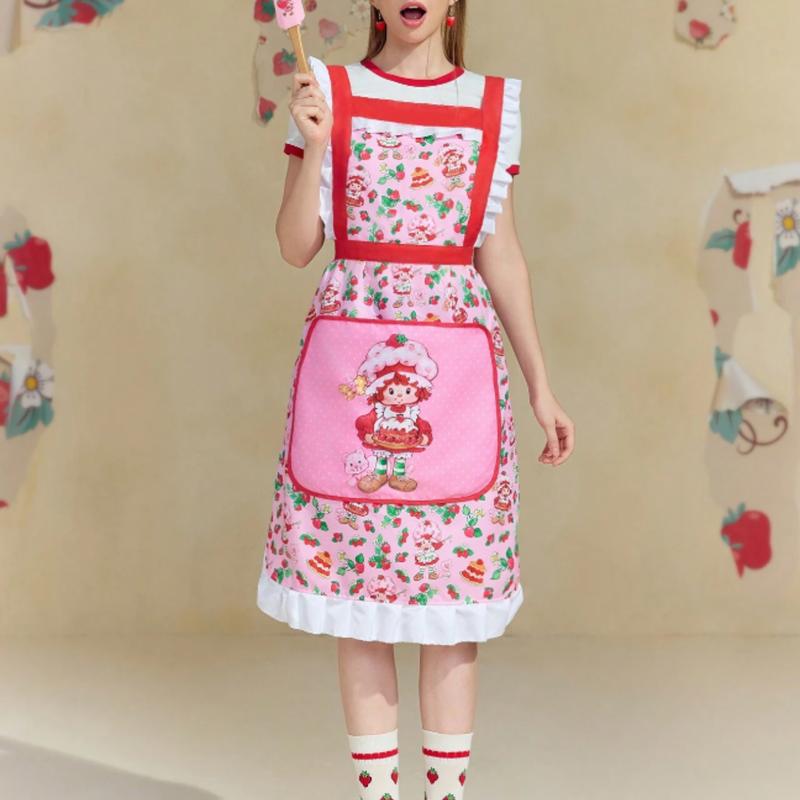 Strawberry Shortcake Cute Cartoon Character & Strawberry Pattern Contrast Ruffle Trim Apron,Kitchen,Bathroom,Home,Household Suppliers