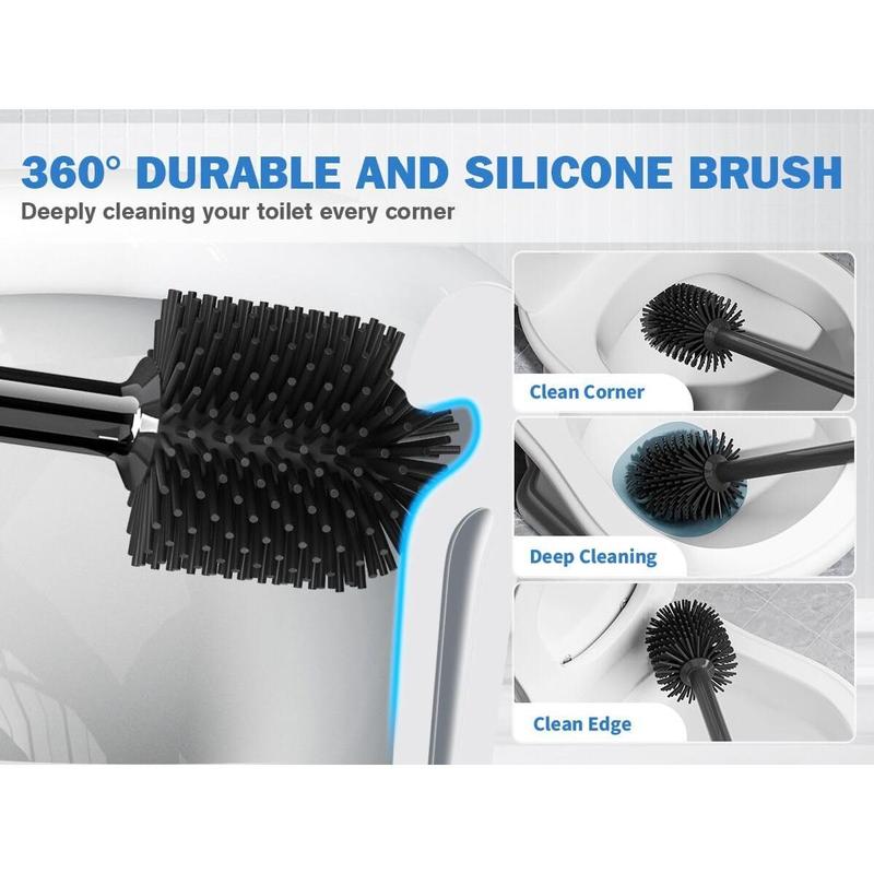 Toilet Plunger and Brush, Silicone Bowl Brush and Heavy Duty Toilet Plunger Set with Ventilated Holder, 2-in-1 Toilet Brush and Plunger Combo for Bathroom Cleaning (Black, 1)