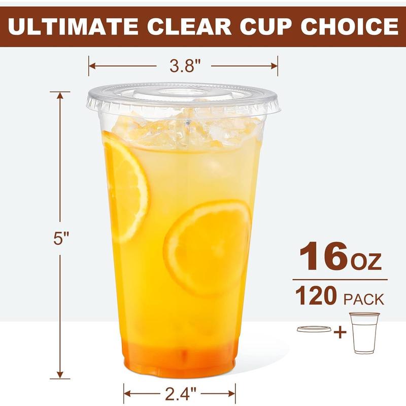 120 Sets - 16 20 oz Clear Plastic Cups with Lids, Disposable Cups With Straw Slot Lids for Cold Drinks, Milkshake, Smoothie, Iced Coffee