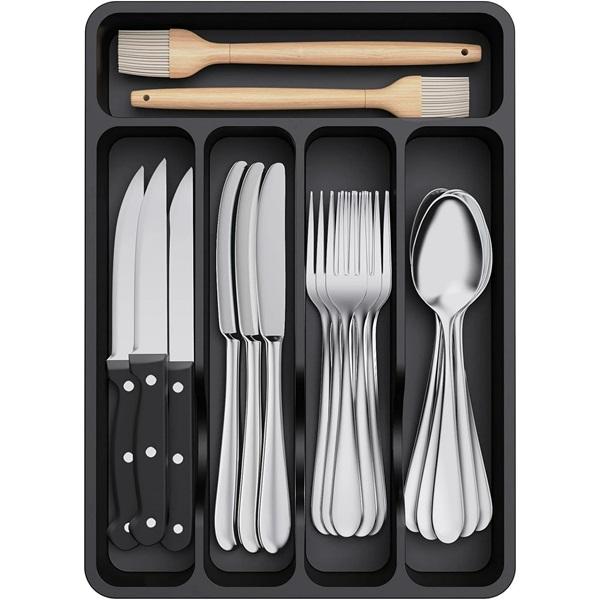 Plastic Cutlery Storage for Kitchen Drawer - Silverware Drawer Organizer Tray - 5 Compartment - Black