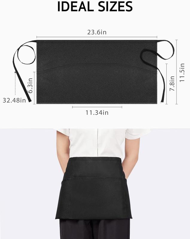 3 Pack Server Aprons with 3 Pockets,  Cotton Waitress Waiter  Apron, 11.5-inch Black