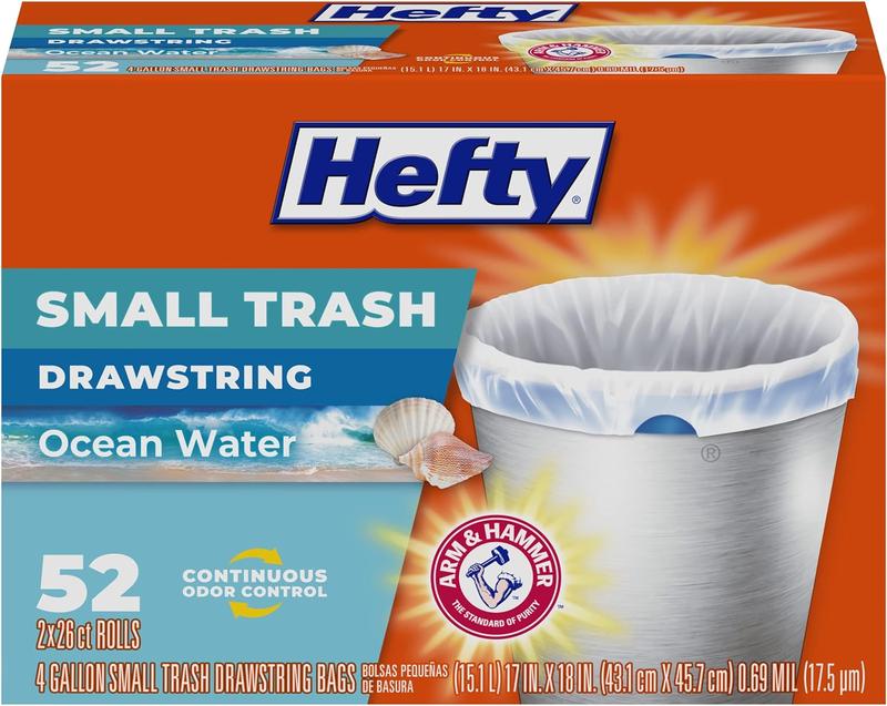 Hefty Small Trash Bags, Ocean Water Scent, 4 Gallon, (52 Count)