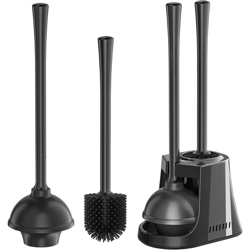 Toilet Plunger and Brush, Silicone Bowl Brush and Heavy Duty Toilet Plunger Set with Ventilated Holder, 2-in-1 Toilet Brush and Plunger Combo for Bathroom Cleaning (Black, 1)