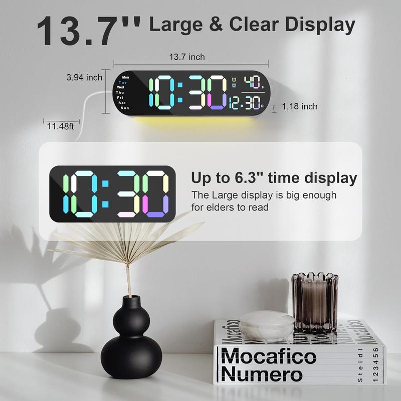 Digital Wall Clock with Remote Control, Auto-Dimming and 9 Colors, The Large Digital Clock Features a 13.7-In Wide Display Decor Set Rgb