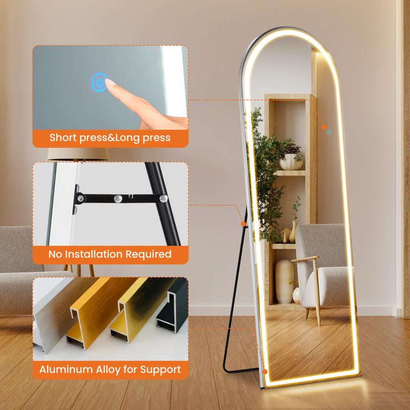 Full body floor mirror, 3-color LED full body mirror, wall mounted floor mirror, bedroom and dressing room dimming, and tri color lighting