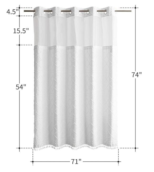 Farmhouse Shower Curtain with Snap-in Liner,No Hooks Needed ,Fabric Shower Curtains with Tassels for Rustic Neutral Bathroom Decor,with magnets,Water Repellent & Machine Washable,White,71x74Inch