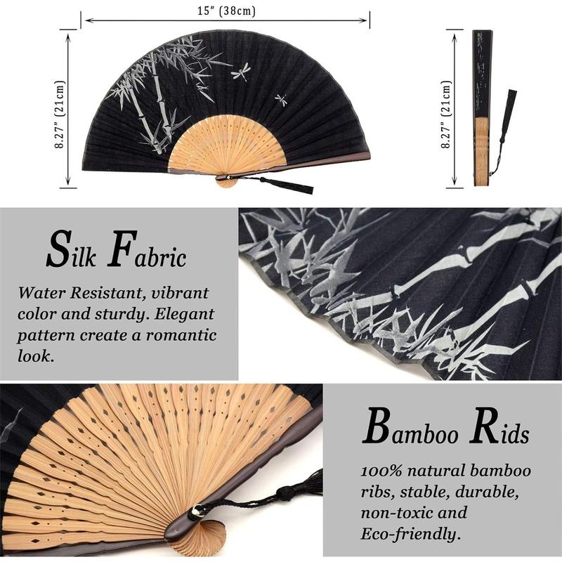 Small Folding Hand Fan - Chinese  Vintage  Silk Fans - for Dance, Performance, Decoration, Wedding, Party,GIF ( Forest-Black) 0204