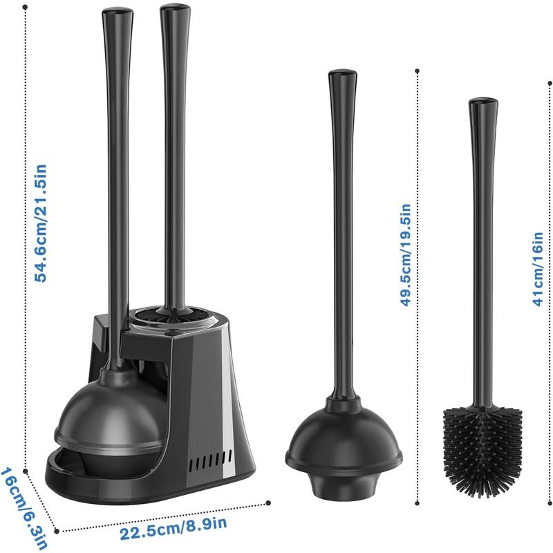 Toilet Plunger and Brush, Silicone Bowl Brush and Heavy Duty Toilet Plunger Set with Ventilated Holder, 2-in-1 Toilet Brush and Plunger Combo for Bathroom Cleaning (Black, 1)