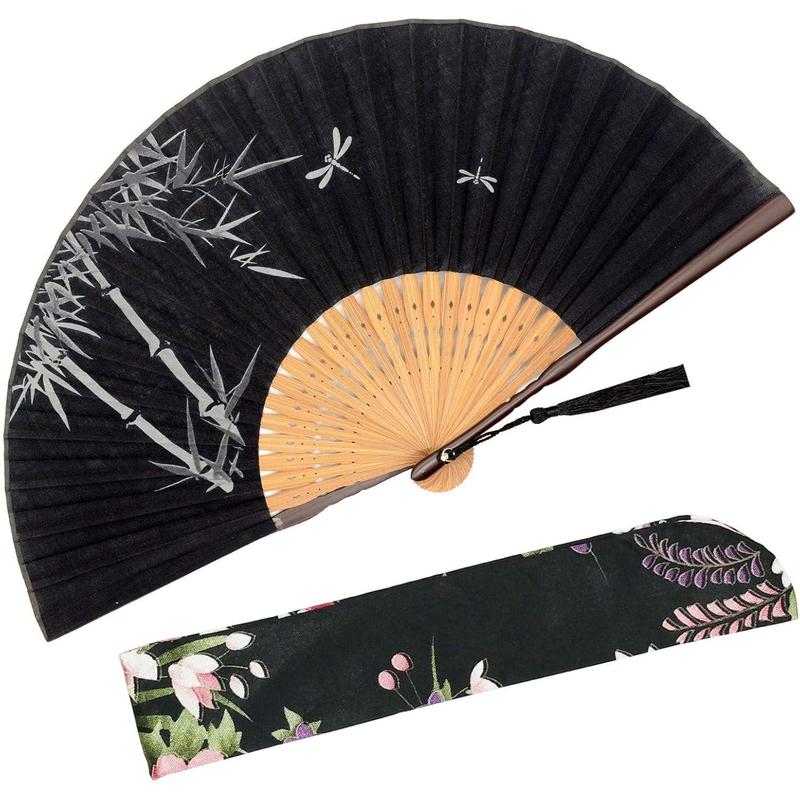 Small Folding Hand Fan - Chinese  Vintage  Silk Fans - for Dance, Performance, Decoration, Wedding, Party,GIF ( Forest-Black) 0204