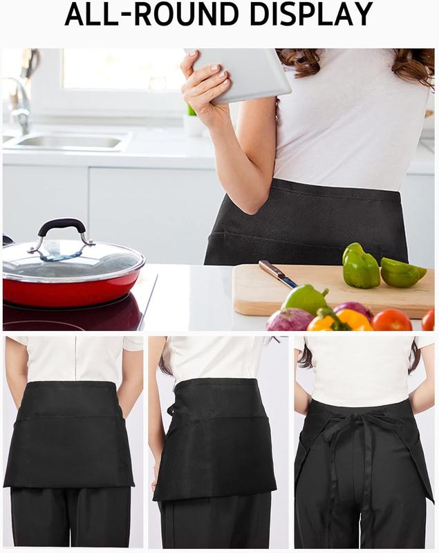 3 Pack Server Aprons with 3 Pockets,  Cotton Waitress Waiter  Apron, 11.5-inch Black