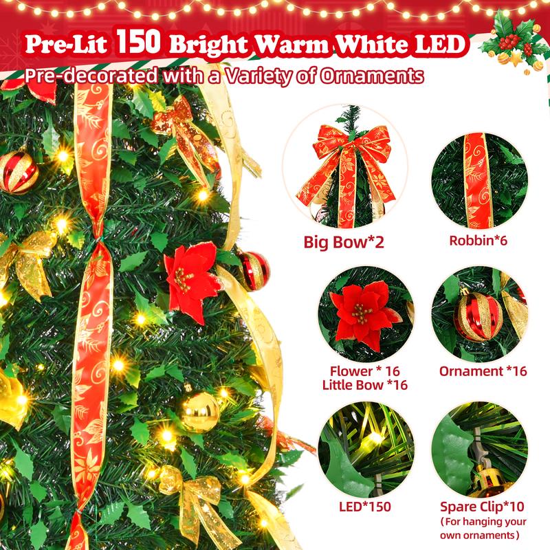 6ft Pre-Decorated Pop Up Christmas Tree Pre-lit 150 LED 8 Modes Christmas Tree Collapsible Christmas Tree Warm White Light for Christmas Holiday Decoration