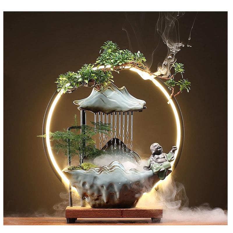 Indoor Water Fountains Waterfall with LED Light Zen Decor for Meditation with Mist Japanese Decor with Fake Plants Feng Shui Decor for  Luck Wealth