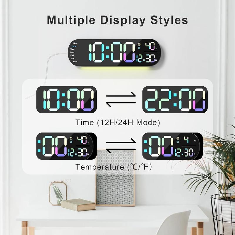 Digital Wall Clock with Remote Control, Auto-Dimming and 9 Colors, The Large Digital Clock Features a 13.7-In Wide Display Decor Set Rgb