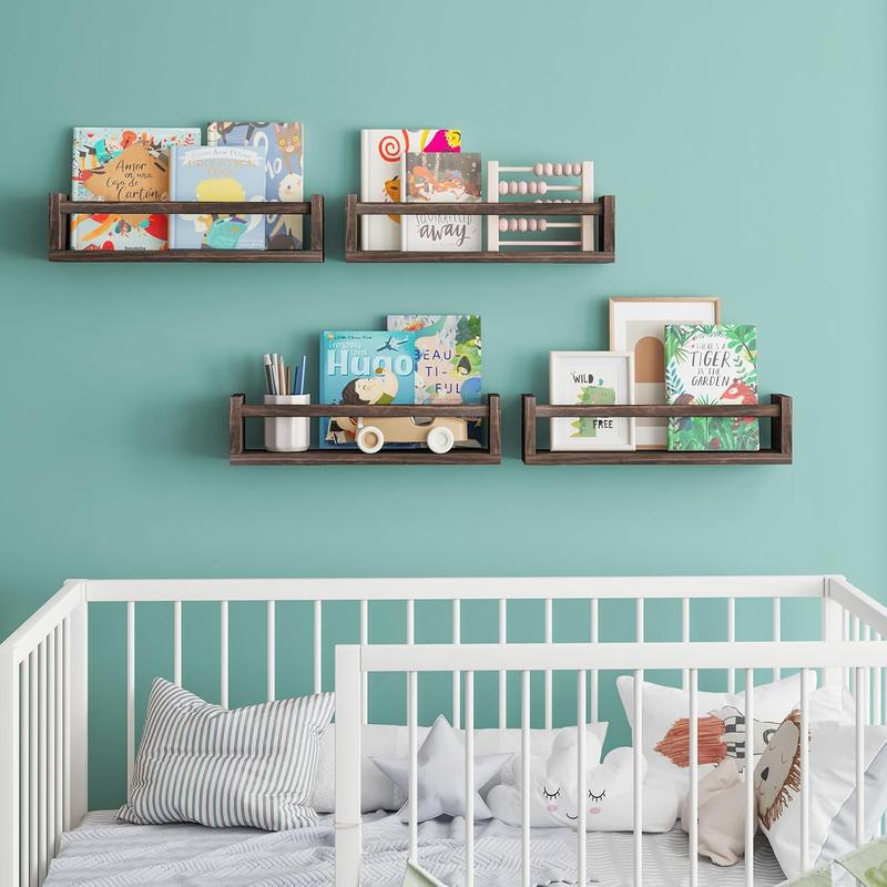 Nursery Book Shelves, 16.5 Inch Floating Bookshelves for Nursery Decor & Playroom Decor, Set of 4, Solid Wood Wall Mounted Shelves for Books, Toys and Decor Storage (Brown)