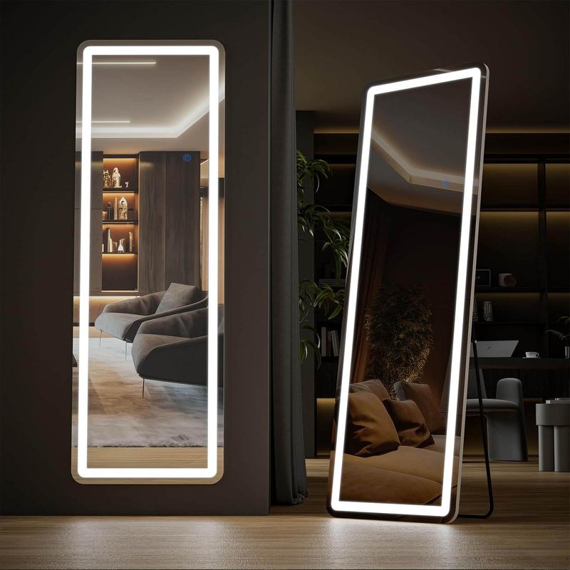 Full body floor mirror, 3-color LED full body mirror, wall mounted floor mirror, bedroom and dressing room dimming, and tri color lighting