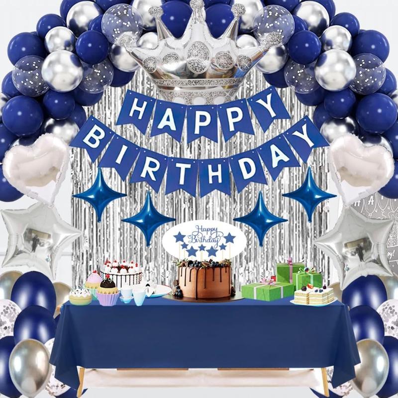 Navy Blue Happy Birthday Party Decorations Set forBanner, Crown Balloon, Fringe Curtains, Cake Topper, tablecloth Party Supplies