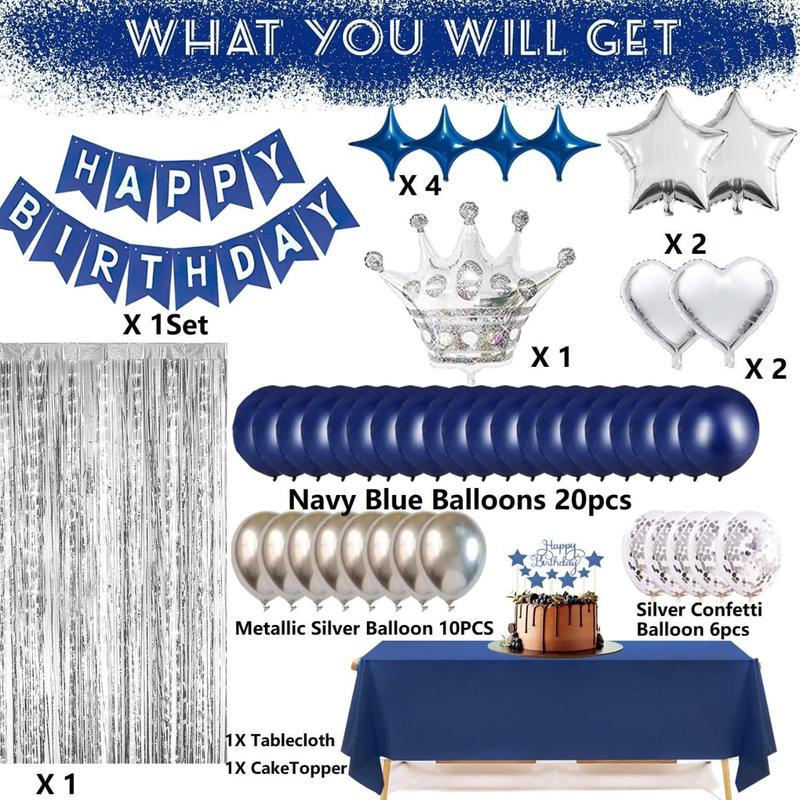 Navy Blue Happy Birthday Party Decorations Set forBanner, Crown Balloon, Fringe Curtains, Cake Topper, tablecloth Party Supplies