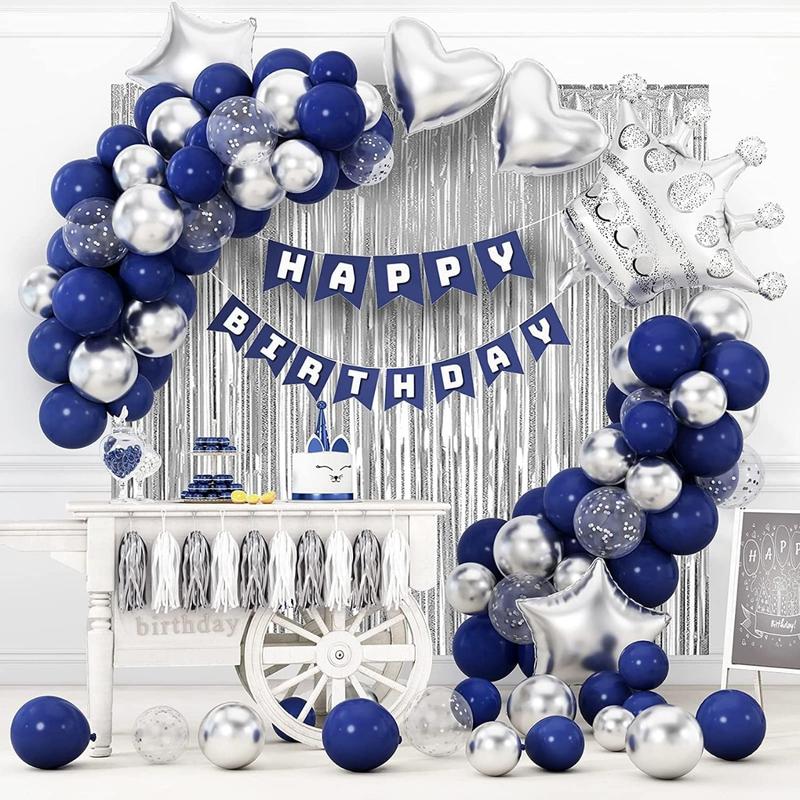 Navy Blue Happy Birthday Party Decorations Set forBanner, Crown Balloon, Fringe Curtains, Cake Topper, tablecloth Party Supplies