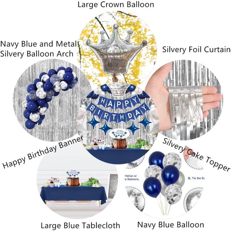 Navy Blue Happy Birthday Party Decorations Set forBanner, Crown Balloon, Fringe Curtains, Cake Topper, tablecloth Party Supplies