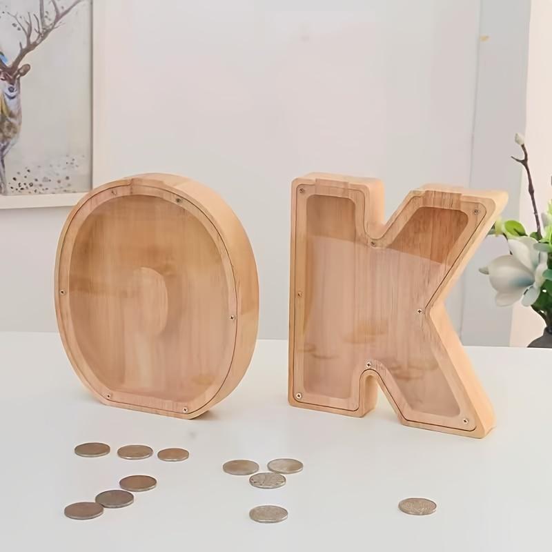 Wooden Letter Piggy Bank Larger Alphabet Letter Bank for Initial Coin Bank, Piggy Bank for Personalized A-Z Letter Piggy Bank Wooden Transparent Letter Money Box Decoration Creative Money for Birthday, Christmas and Thanksgiving Day