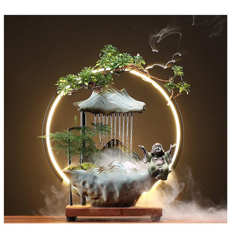 Indoor Water Fountains Waterfall with LED Light Zen Decor for Meditation with Mist Japanese Decor with Fake Plants Feng Shui Decor for  Luck Wealth