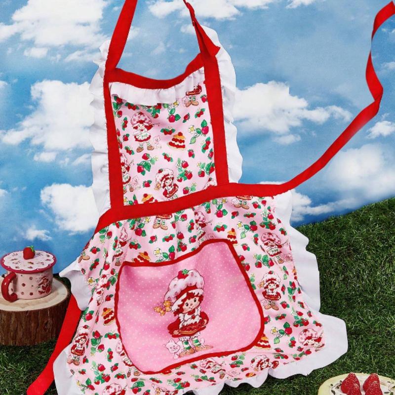 Strawberry Shortcake Cute Cartoon Character & Strawberry Pattern Contrast Ruffle Trim Apron,Kitchen,Bathroom,Home,Household Suppliers