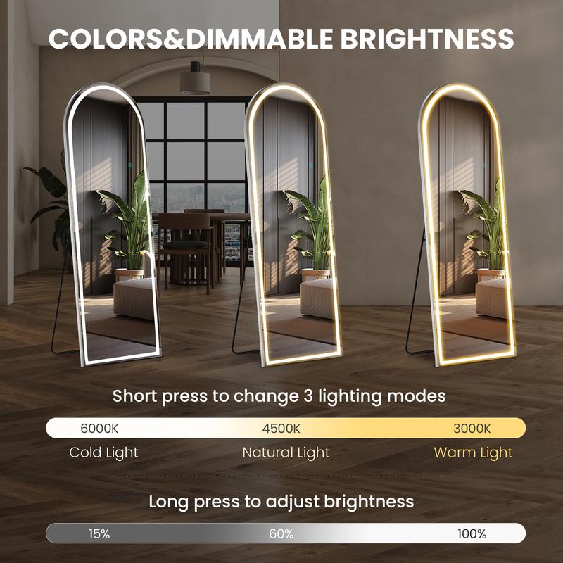 Full body floor mirror, 3-color LED full body mirror, wall mounted floor mirror, bedroom and dressing room dimming, and tri color lighting