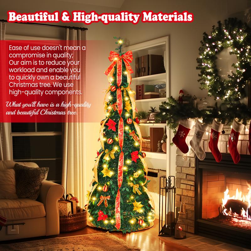 6ft Pre-Decorated Pop Up Christmas Tree Pre-lit 150 LED 8 Modes Christmas Tree Collapsible Christmas Tree Warm White Light for Christmas Holiday Decoration