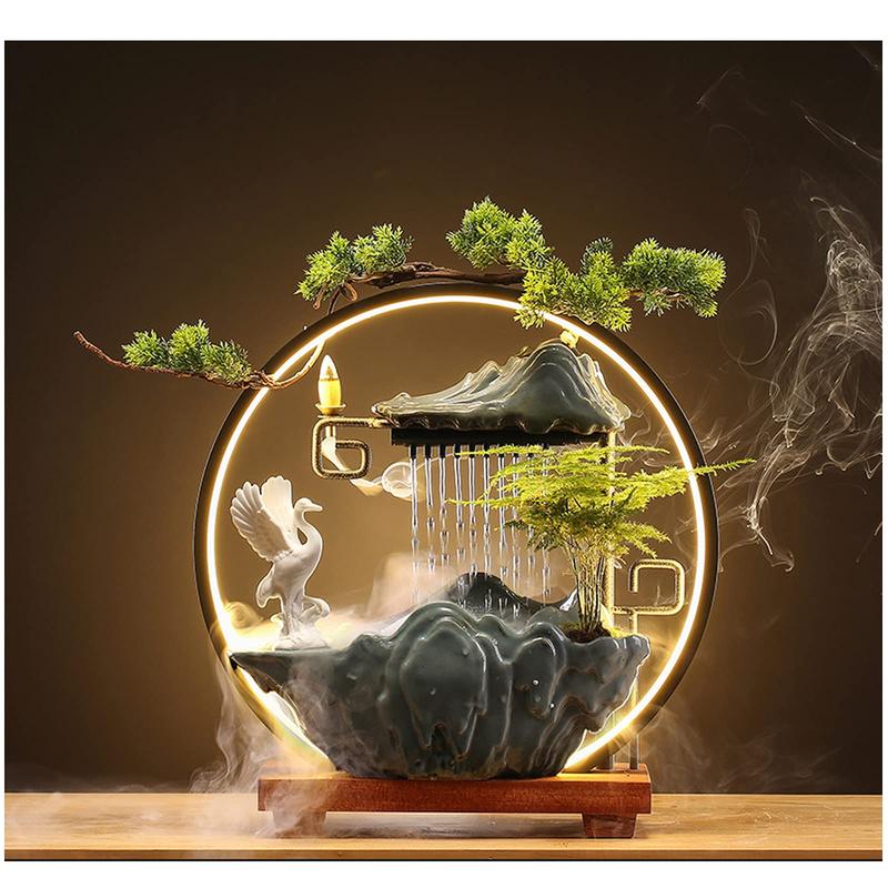 Indoor Water Fountains Waterfall with LED Light Zen Decor for Meditation with Mist Japanese Decor with Fake Plants Feng Shui Decor for  Luck Wealth