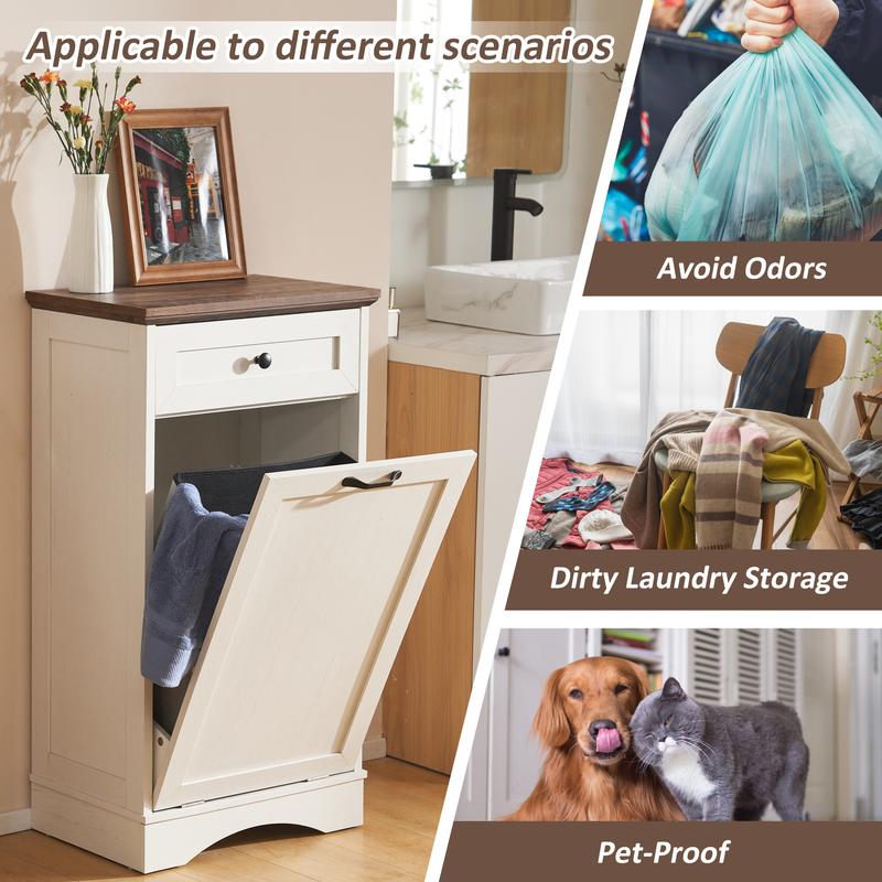 AHB 13 Gallon Tilt Out Trash Cabinet Kitchen Waste Bins, Laundry Hamper Tilt Out Pet Proof Hidden Trash Bin for Kitchen Living Room, Antique White