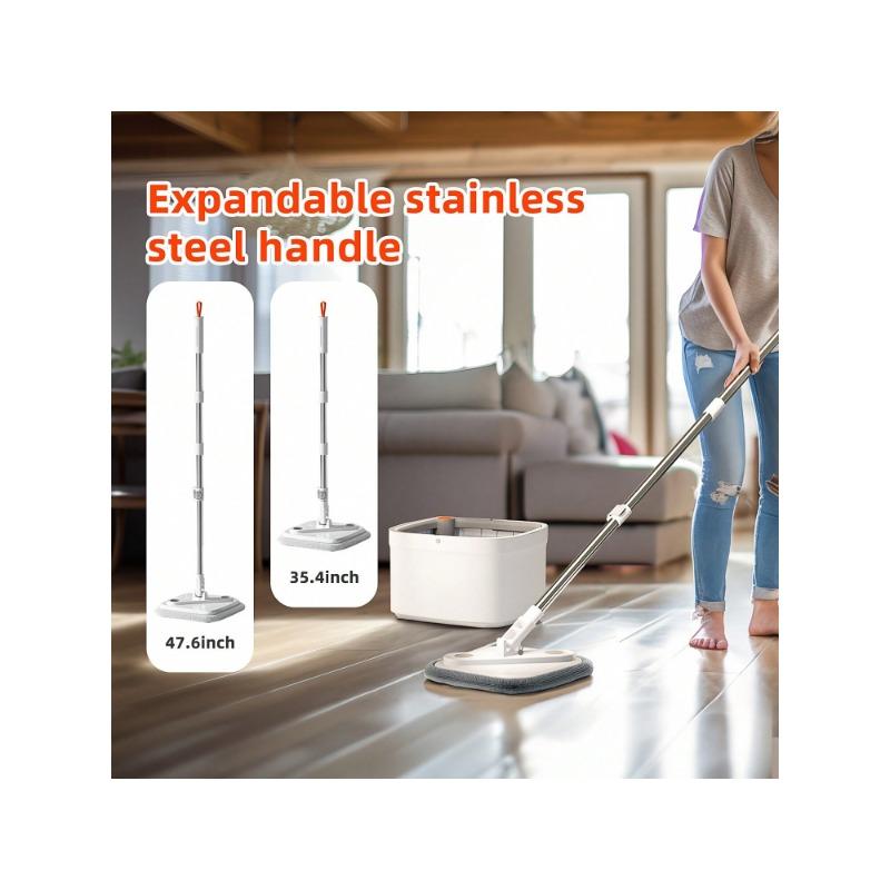 Spin Square Mop And Bucket Set With Dirty Clean Water Separation, Self-Rotating Mop-Head For Hardwood, Tile, Marble Floors, Includes 2 6 Pads