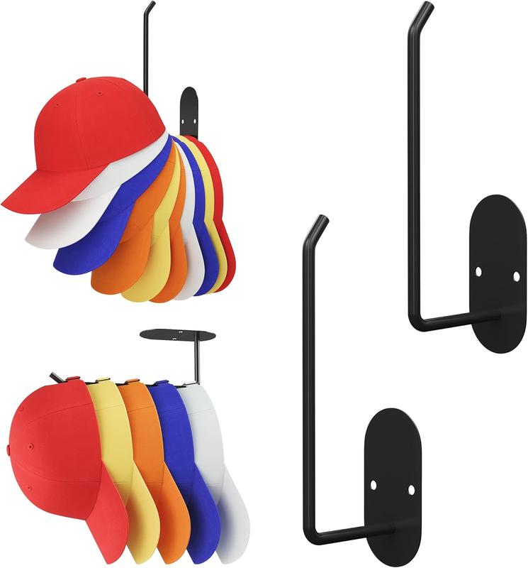 2Pack Hat organizer for baseball caps,stainless steel hat hooks Strong Adhesive Wall Drilled install,space-saving hat rack for wall,door,closet organization and storage, Black