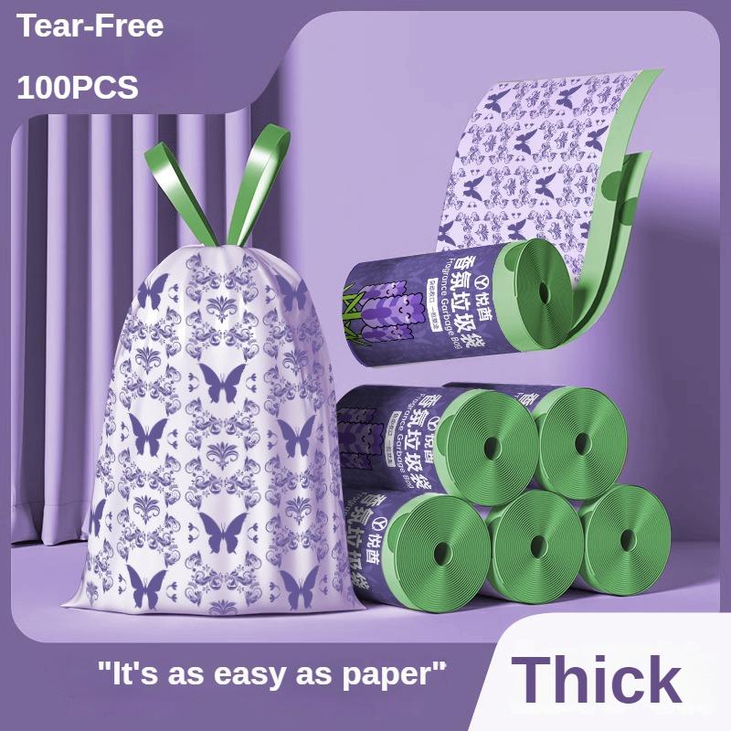 100pcs Lavender Scented Garbage Bags, 1pc Roll, Hanging Drawstring Trash Bags, Wall-Mounted Dispenser, Multi-Purpose, Durable PE Material, for Home, Kitchen, Outdoor, Car, Garden, Bathroom, Mosquito Repellent